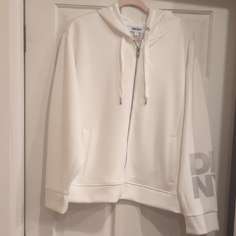 DKNY Cream Hoodie with Silver Arm Logo